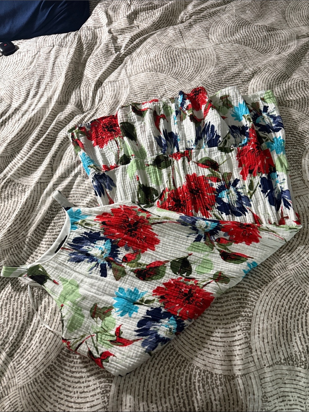 AGB White Dress with Red, Blue & Green Floral Print